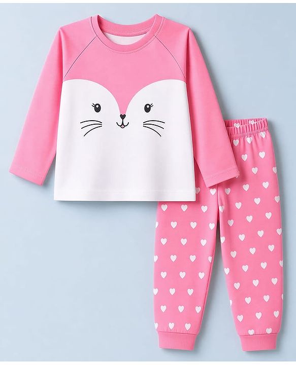 Babyhug 100% Cotton Knit Full Sleeves T-Shirt & Pyjama Night Suit with Cat & Heart Print - Pink