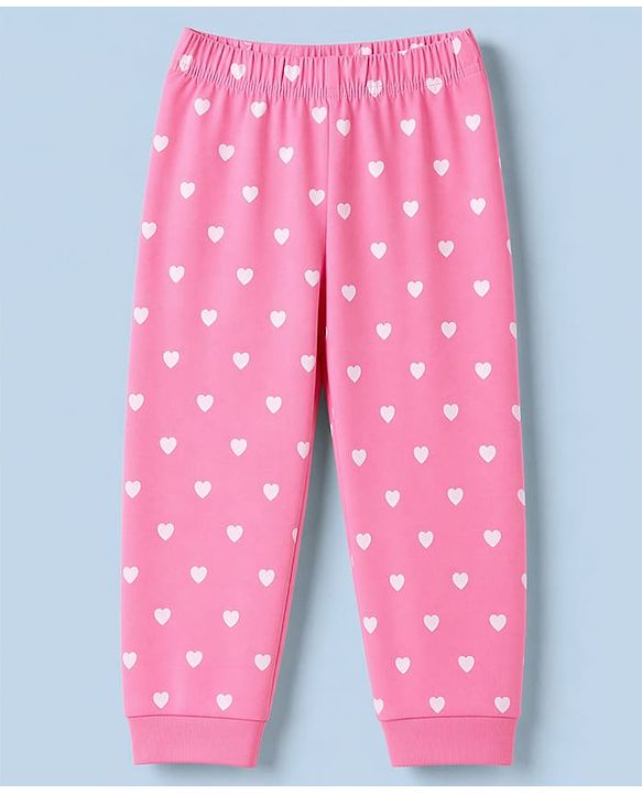 Babyhug 100% Cotton Knit Full Sleeves T-Shirt & Pyjama Night Suit with Cat & Heart Print - Pink