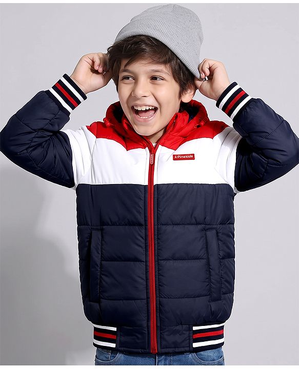 Pine Kids Woven Padded Quilted Hooded Winter Jacket with Full Sleeves and Cut & Sew with Pinekids Patch - Navy Blue