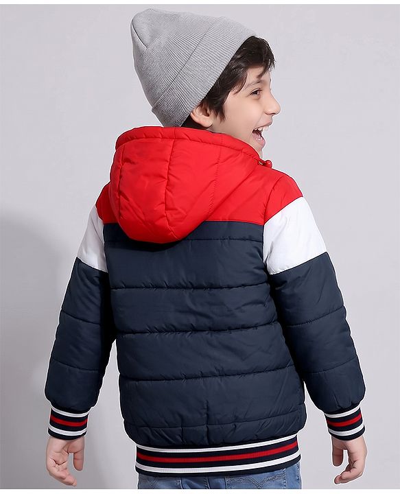 Pine Kids Woven Padded Quilted Hooded Winter Jacket with Full Sleeves and Cut & Sew with Pinekids Patch - Navy Blue