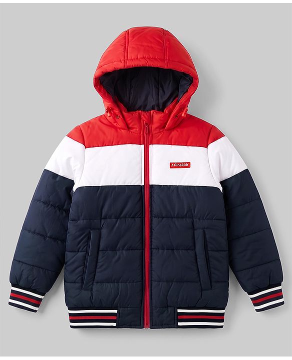 Pine Kids Woven Padded Quilted Hooded Winter Jacket with Full Sleeves and Cut & Sew with Pinekids Patch - Navy Blue