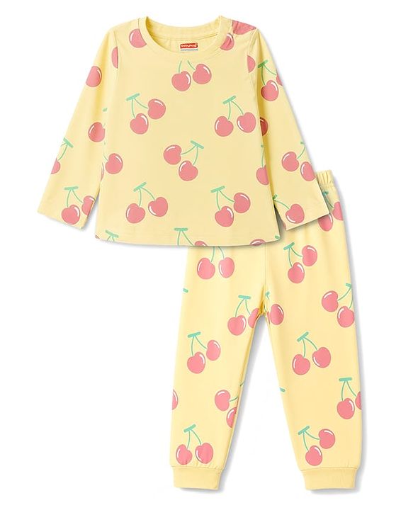 Babyhug 100% Cotton Knit Full Sleeves Co-Ords T-Shirt & Pyjama Night Suit Apple Print -Yellow