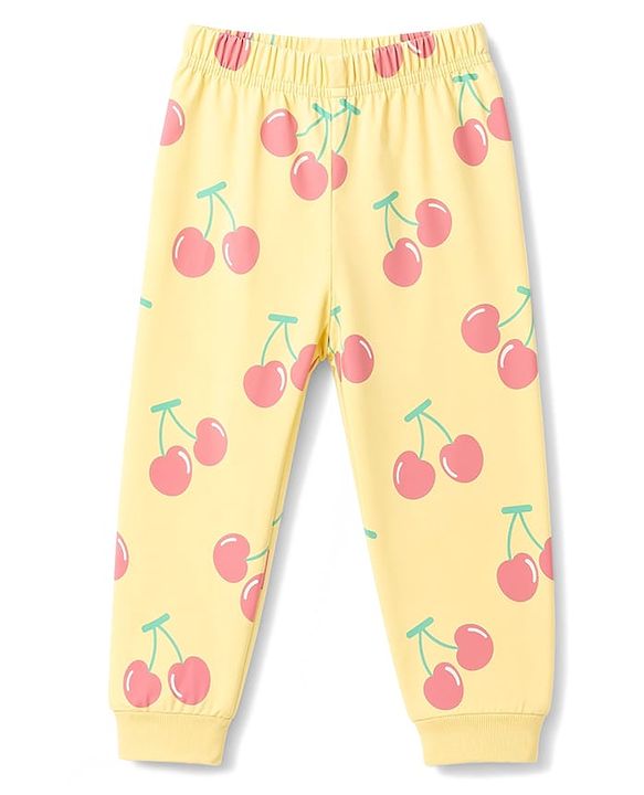 Babyhug 100% Cotton Knit Full Sleeves Co-Ords T-Shirt & Pyjama Night Suit Apple Print -Yellow