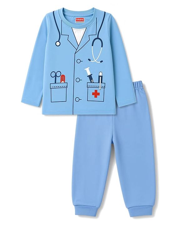 Babyhug 100% Cotton Knit Full Sleeves Co-Ords T-Shirt & Pyjama Night Suit with Doctor Theme Print - Blue