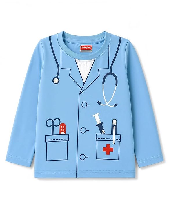 Babyhug 100% Cotton Knit Full Sleeves Co-Ords T-Shirt & Pyjama Night Suit with Doctor Theme Print - Blue