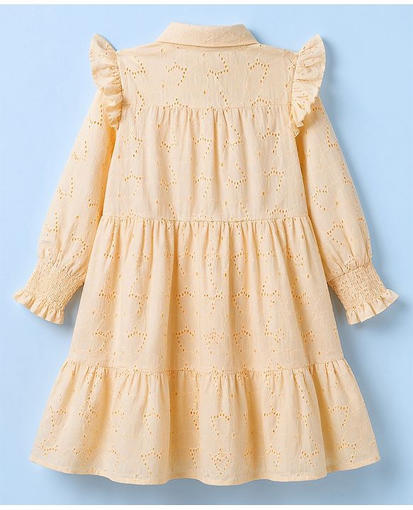Pine Kids 100% Cotton Woven Full Sleeves Schiffili Tiered Frock - Cream