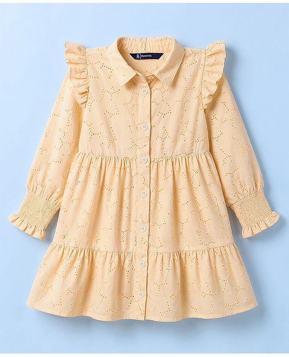 Pine Kids 100% Cotton Woven Full Sleeves Schiffili Tiered Frock - Cream