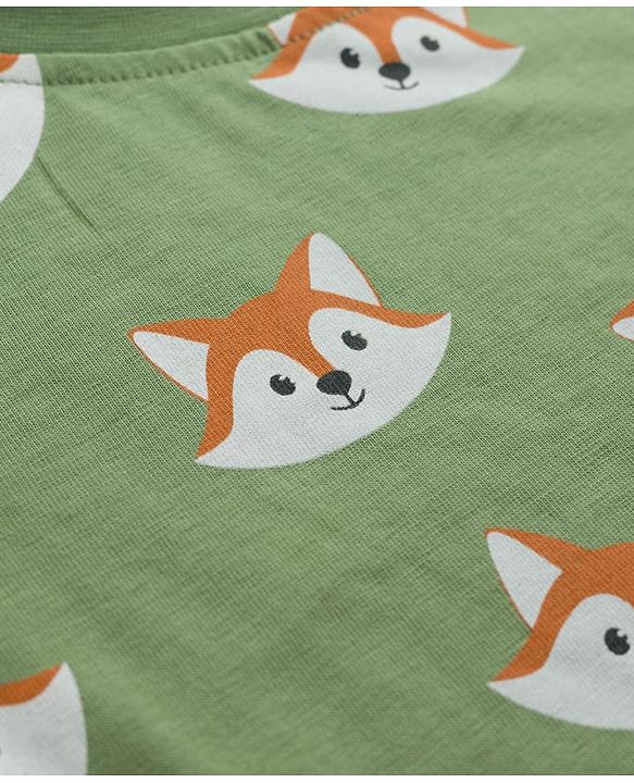 Babyhug 100% Cotton Knit Full Sleeves Fox Printed Co-Ords T-Shirt & Pyjama Night Suit - Green