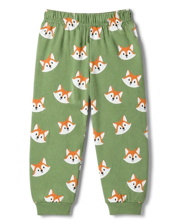 Babyhug 100% Cotton Knit Full Sleeves Fox Printed Co-Ords T-Shirt & Pyjama Night Suit - Green