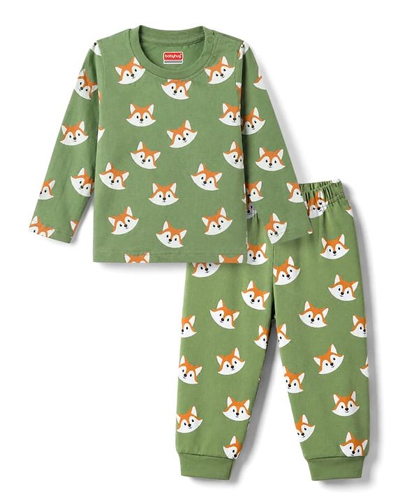 Babyhug 100% Cotton Knit Full Sleeves Fox Printed Co-Ords T-Shirt & Pyjama Night Suit - Green