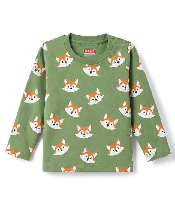 Babyhug 100% Cotton Knit Full Sleeves Fox Printed Co-Ords T-Shirt & Pyjama Night Suit - Green
