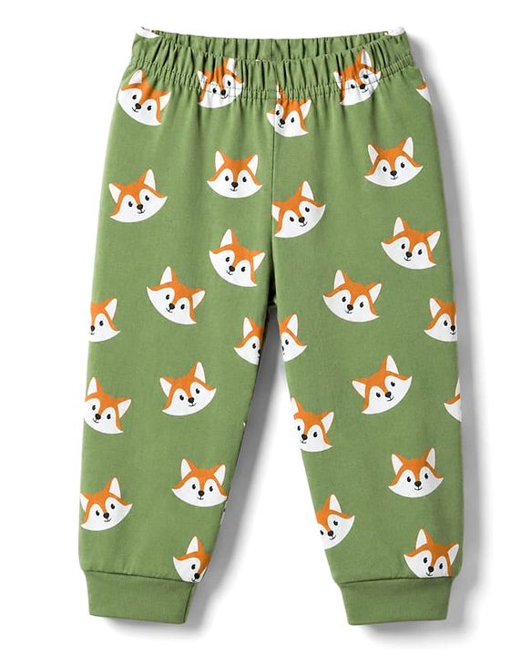 Babyhug 100% Cotton Knit Full Sleeves Fox Printed Co-Ords T-Shirt & Pyjama Night Suit - Green