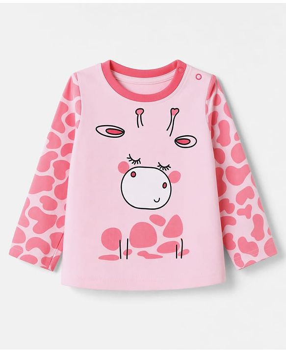 Babyhug Cotton Knit Full Sleeves T-Shirt & Pyjama Night Suit With Giraffe Print - Pink