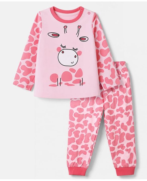 Babyhug Cotton Knit Full Sleeves T-Shirt & Pyjama Night Suit With Giraffe Print - Pink