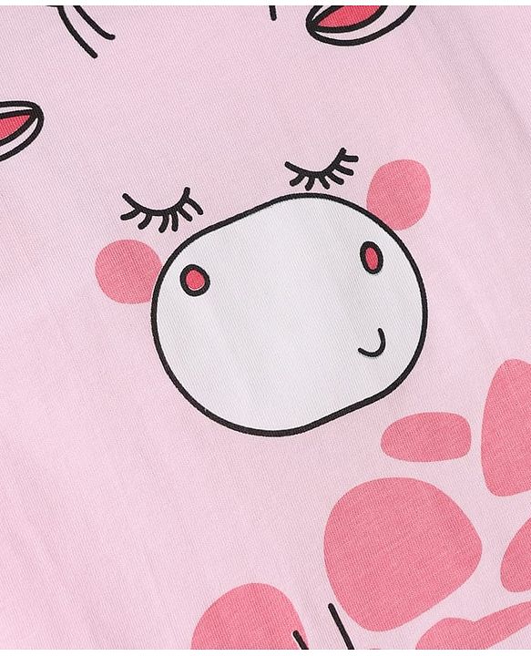 Babyhug Cotton Knit Full Sleeves T-Shirt & Pyjama Night Suit With Giraffe Print - Pink