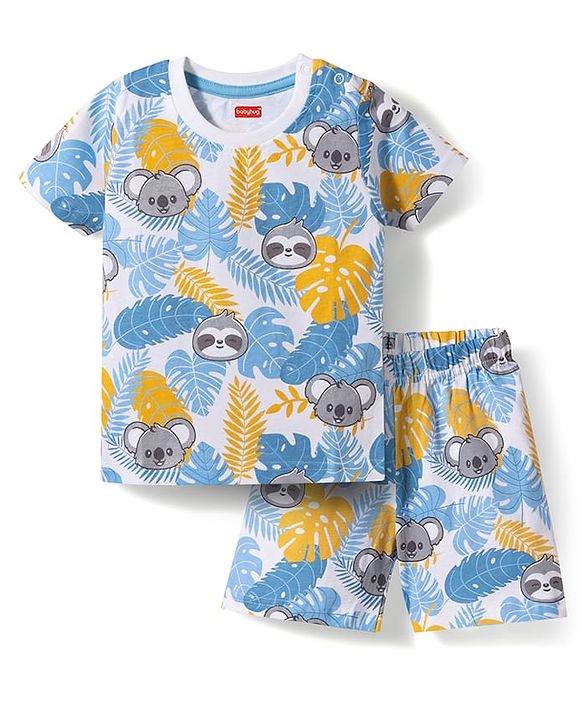Babyhug Cotton Knit Half Sleeves Koala Printed Co-Ords T-Shirt & Shorts Night Suit -White
