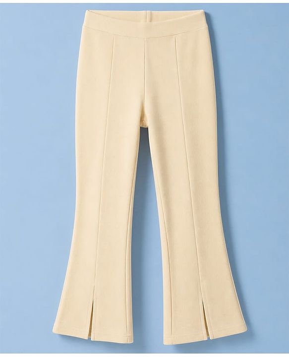 Pine Kids Cotton Lycra Knit Full Length Flared Leggings With Stretch - Off White