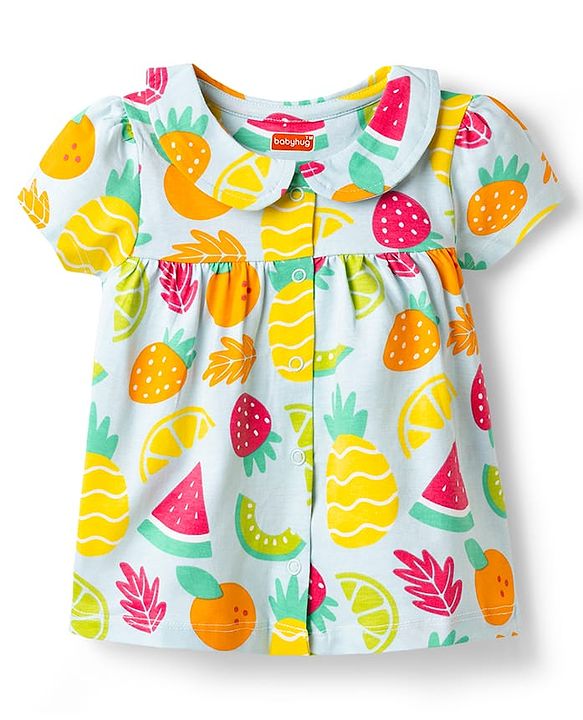 Babyhug Cotton Knit Half Sleeves Tropical Theme Printed Co-Ords Top & Pyjama Night Suit - Light Blue