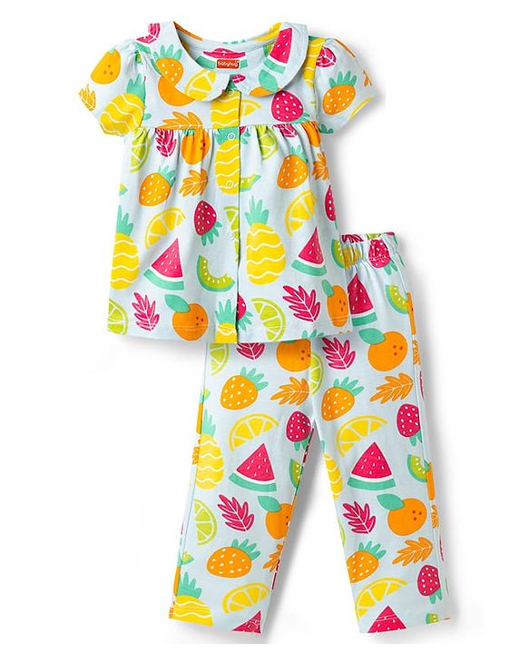 Babyhug Cotton Knit Half Sleeves Tropical Theme Printed Co-Ords Top & Pyjama Night Suit - Light Blue