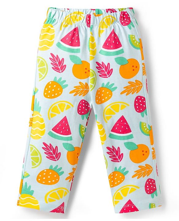 Babyhug Cotton Knit Half Sleeves Tropical Theme Printed Co-Ords Top & Pyjama Night Suit - Light Blue