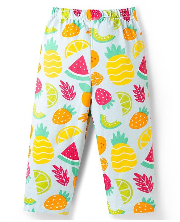 Babyhug Cotton Knit Half Sleeves Tropical Theme Printed Co-Ords Top & Pyjama Night Suit - Light Blue