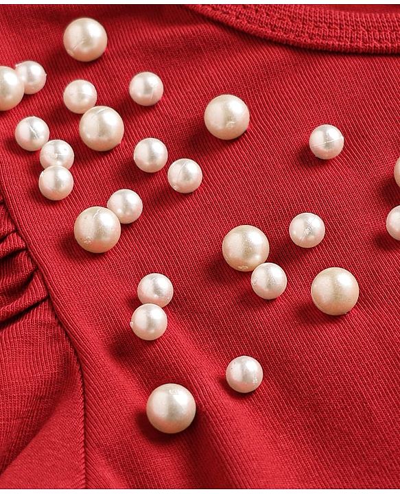 Pine Kids Cotton Lycra Knit Full Sleeves Top With Pearl Embellishment - Red