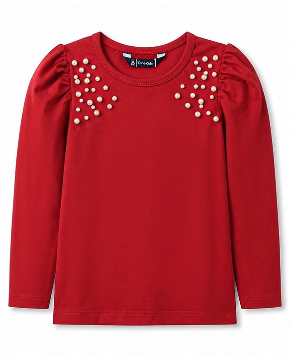 Pine Kids Cotton Lycra Knit Full Sleeves Top With Pearl Embellishment - Red