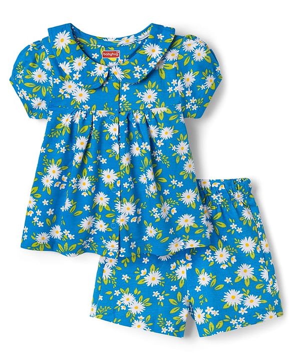 Babyhug 100% Cotton Knit Half Sleeves Floral Printed Co-Ords Top & Shorts Night Suit - Blue