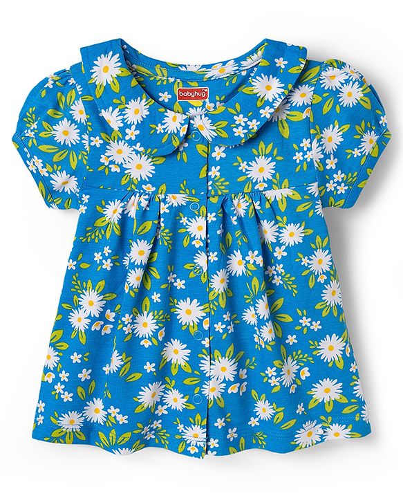 Babyhug 100% Cotton Knit Half Sleeves Floral Printed Co-Ords Top & Shorts Night Suit - Blue