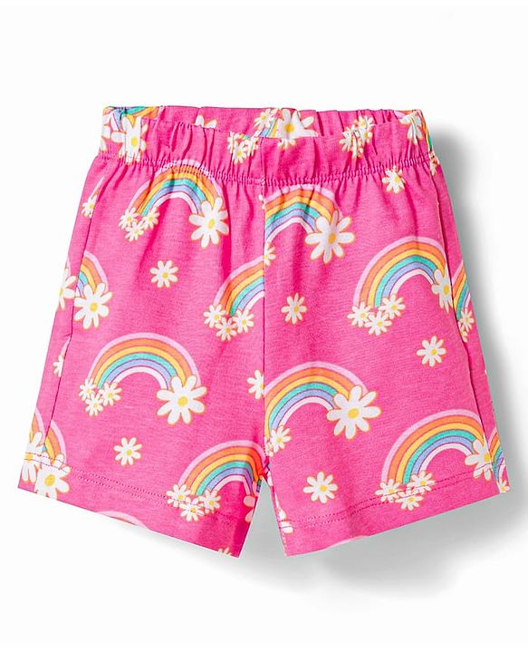 Babyhug Cotton Knit Half Sleeves Rainbow Printed Co-Ords Front Open Top & Shorts Night Suit - Pink