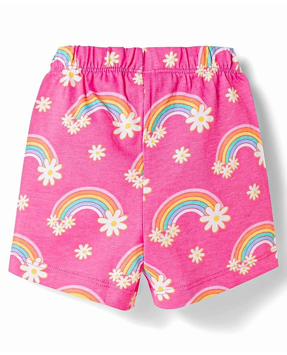 Babyhug Cotton Knit Half Sleeves Rainbow Printed Co-Ords Front Open Top & Shorts Night Suit - Pink