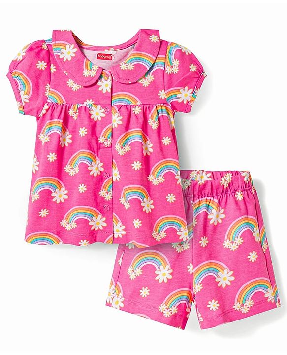 Babyhug Cotton Knit Half Sleeves Rainbow Printed Co-Ords Front Open Top & Shorts Night Suit - Pink