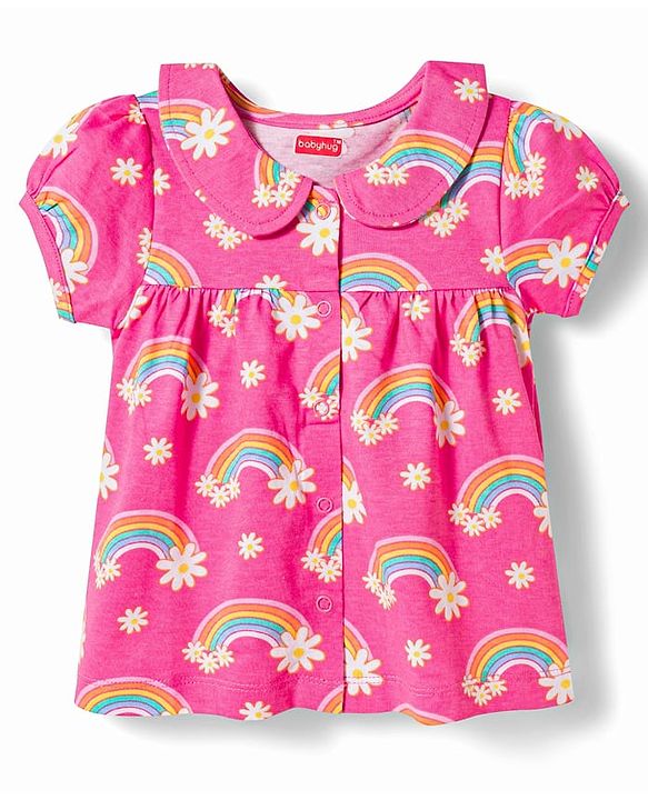 Babyhug Cotton Knit Half Sleeves Rainbow Printed Co-Ords Front Open Top & Shorts Night Suit - Pink