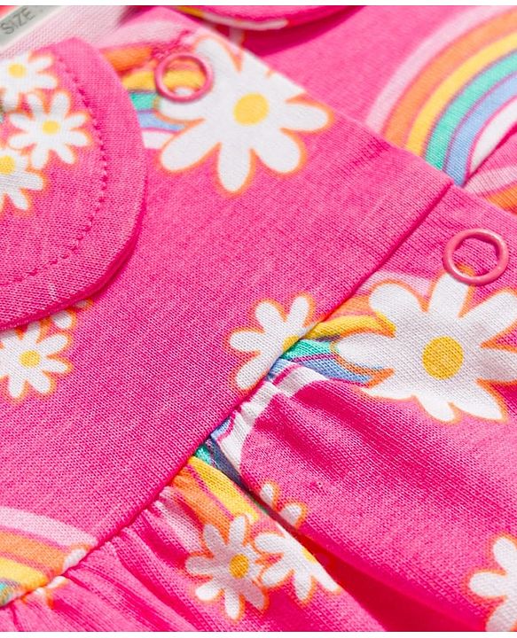 Babyhug Cotton Knit Half Sleeves Rainbow Printed Co-Ords Front Open Top & Shorts Night Suit - Pink