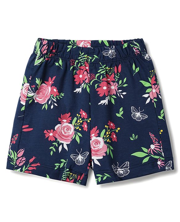 Babyhug Cotton Knit Half Sleeves Front Open Floral Printed Co-Ords Top & Shorts Night Suit - Navy