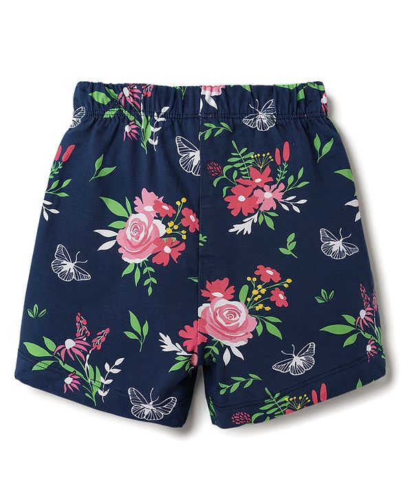 Babyhug Cotton Knit Half Sleeves Front Open Floral Printed Co-Ords Top & Shorts Night Suit - Navy