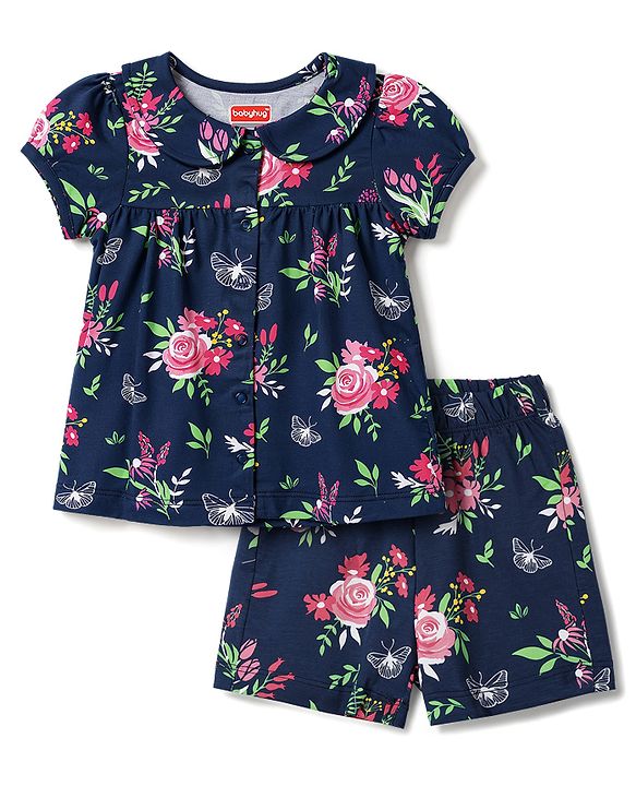 Babyhug Cotton Knit Half Sleeves Front Open Floral Printed Co-Ords Top & Shorts Night Suit - Navy