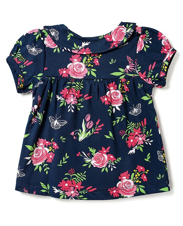 Babyhug Cotton Knit Half Sleeves Front Open Floral Printed Co-Ords Top & Shorts Night Suit - Navy