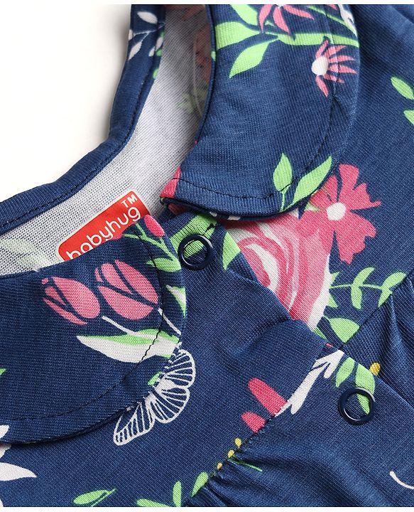 Babyhug Cotton Knit Half Sleeves Front Open Floral Printed Co-Ords Top & Shorts Night Suit - Navy