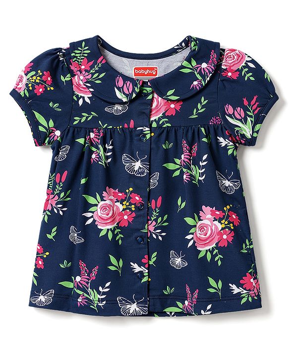 Babyhug Cotton Knit Half Sleeves Front Open Floral Printed Co-Ords Top & Shorts Night Suit - Navy