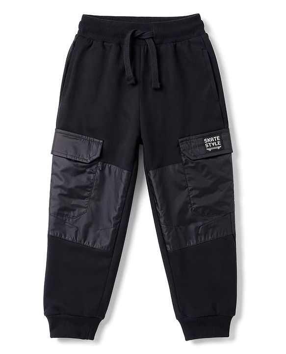 Pine Kids Knit Full Length Lounge Pant With Cargo Pockets & Text Print - Black