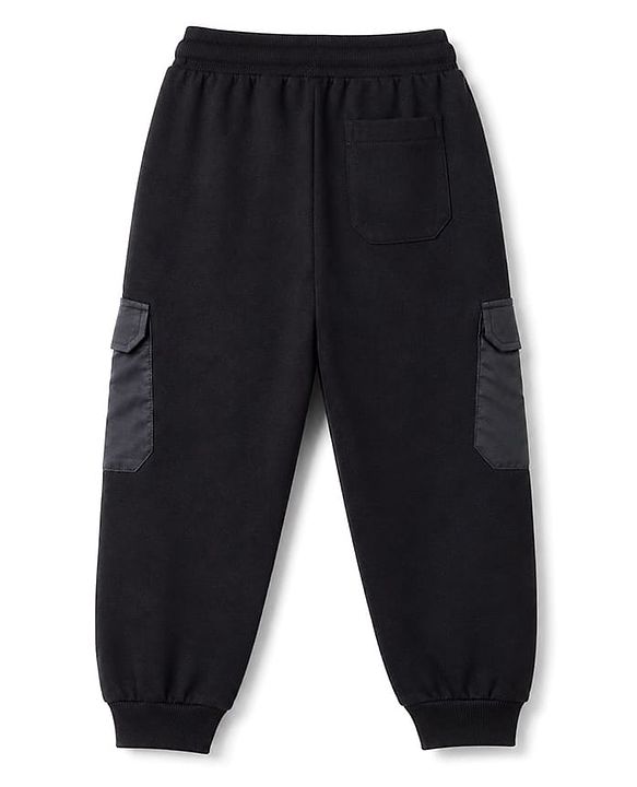 Pine Kids Knit Full Length Lounge Pant With Cargo Pockets & Text Print - Black