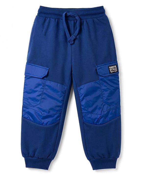 Pine Kids Knit Full Length Lounge Pant With Cargo Pockets & Text Print - Navy Blue