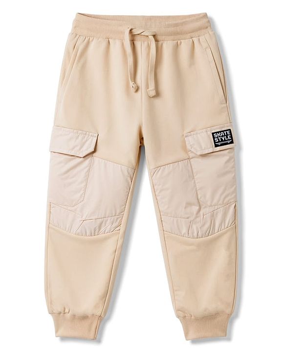 Pine Kids Knit Full Length Lounge Pant With Cargo Pockets & Text Print - Beige