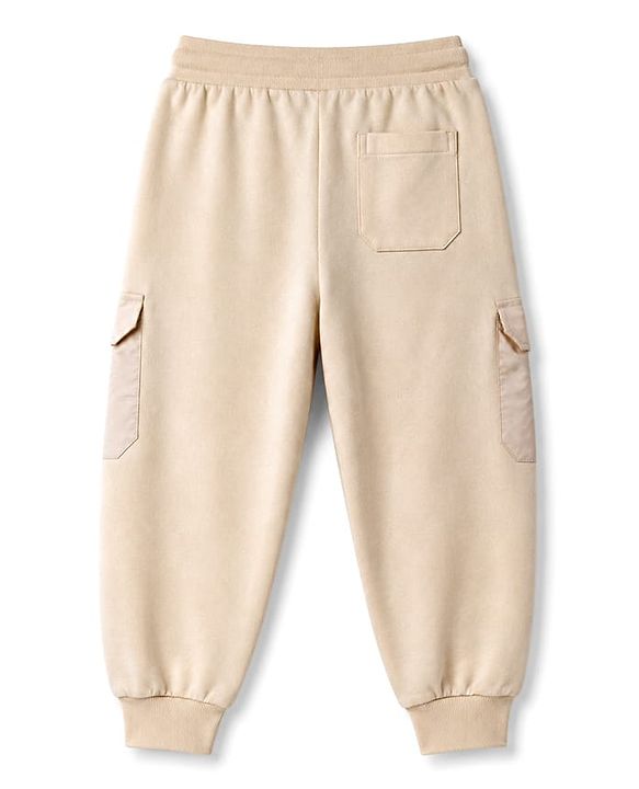 Pine Kids Knit Full Length Lounge Pant With Cargo Pockets & Text Print - Beige