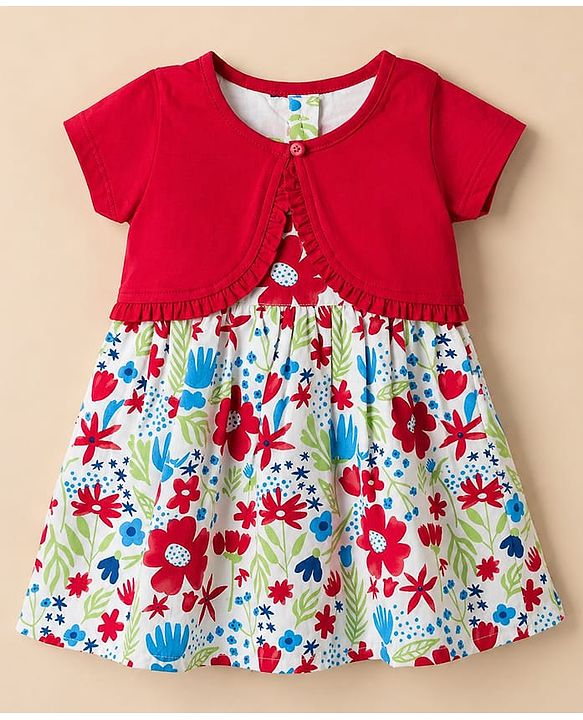 Babyhug Poplin Woven Half Sleeves Shrug With Floral Printed Frock - Red