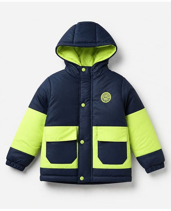 Pine Kids Woven Full Sleeves Padded Hooded Winter Jacket With Badge - Navy Blue