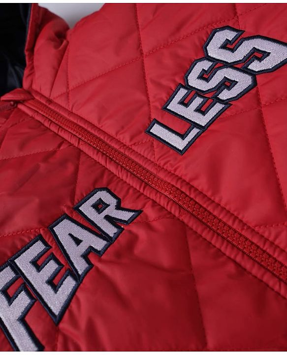 Pine Kids Woven Full Sleeves Padded Hooded Quilted Winter Jacket With Text Print - Red