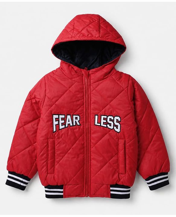 Pine Kids Woven Full Sleeves Padded Hooded Quilted Winter Jacket With Text Print - Red