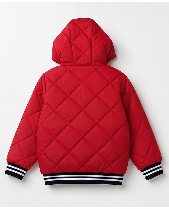 Pine Kids Woven Full Sleeves Padded Hooded Quilted Winter Jacket With Text Print - Red